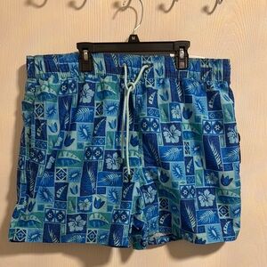 Party Sharks Men's Swim Trunks XXL Blue Tropical Lake Beach Vacation Pockets Fun
